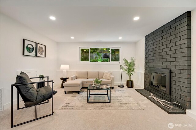 20126 81st Ave W, Edmonds, WA 98026 - living room featuring light carpet, recessed lighting, and a brick fireplace
