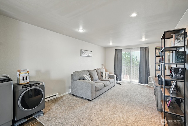 108 Baker St Unit 1-4, Everson, WA 98247 - carpeted living area with washer and dryer, baseboard heating, and recessed lighting