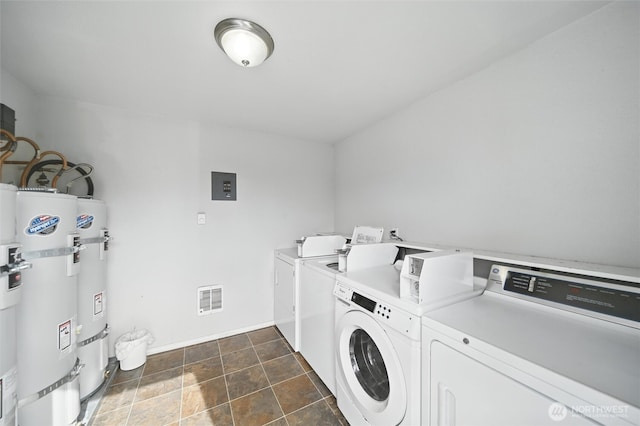 108 Baker St Unit 1-4, Everson, WA 98247 - laundry area with strapped water heater, washing machine and clothes dryer, dark stone finish floors, and electric panel