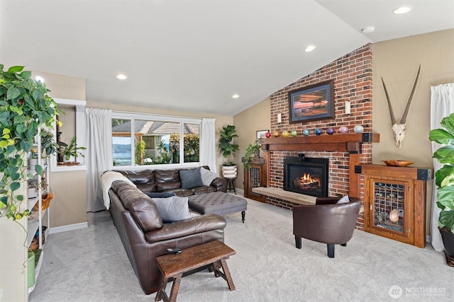 809 W Rocky Point Dr, Camano Island, WA 98282 - carpeted living area featuring lofted ceiling, a fireplace, and recessed lighting