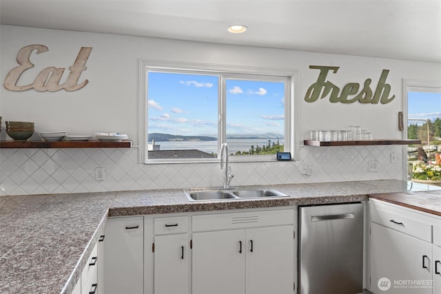 809 W Rocky Point Dr, Camano Island, WA 98282 - kitchen with open shelves, dishwasher, white cabinets, tasteful backsplash, and recessed lighting
