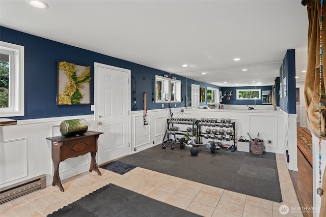 809 W Rocky Point Dr, Camano Island, WA 98282 - misc room with a wainscoted wall, tile patterned floors, recessed lighting, a decorative wall, and healthy amount of natural light