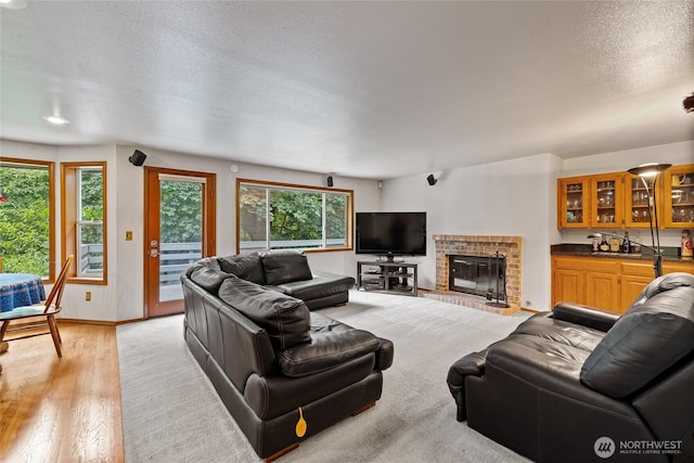 6345 Agnes Rd NE, Tacoma, WA 98422 - living area featuring light wood-style flooring, a textured ceiling, and a fireplace