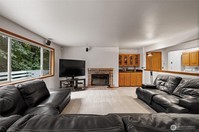 6345 Agnes Rd NE, Tacoma, WA 98422 - living area featuring light carpet and a brick fireplace
