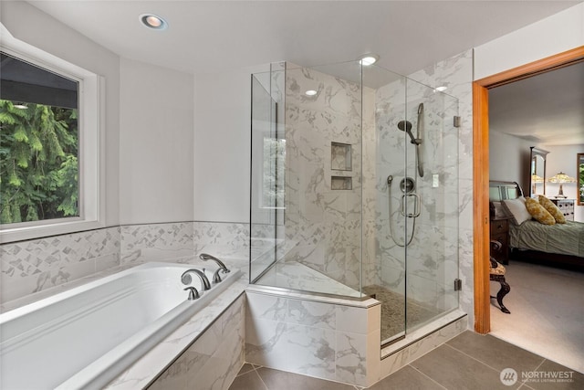 6345 Agnes Rd NE, Tacoma, WA 98422 - full bath featuring ensuite bathroom, tile patterned floors, a garden tub, a marble finish shower, and recessed lighting