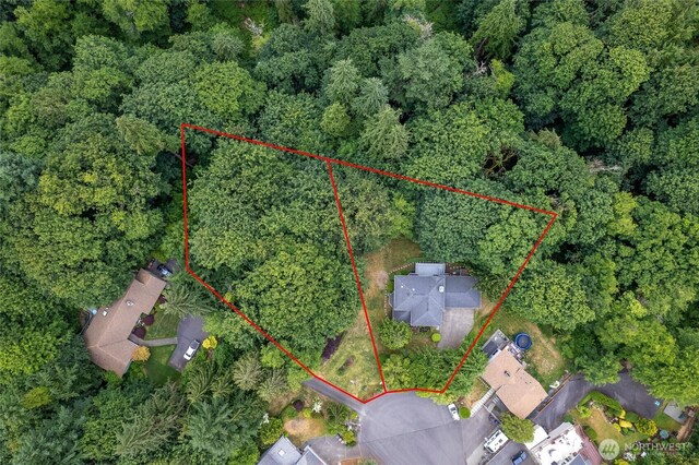 6345 Agnes Rd NE, Tacoma, WA 98422 - aerial view of property and surrounding area with property boundaries highlighted and a forest