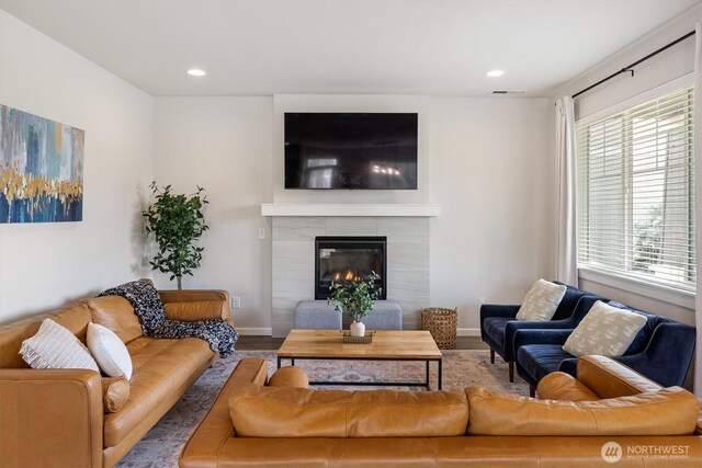 3119 13th Avenue Ct NW, Puyallup, WA 98371 - living room with a tile fireplace, recessed lighting, and wood finished floors