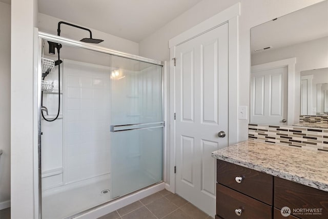 3119 13th Avenue Ct NW, Puyallup, WA 98371 - bathroom featuring a stall shower, vanity, backsplash, and tile patterned flooring