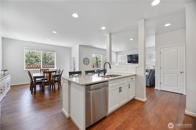 4508 29th Ave SE, Everett, WA 98203 - kitchen featuring dishwasher, a peninsula, light stone countertops, white cabinetry, and recessed lighting