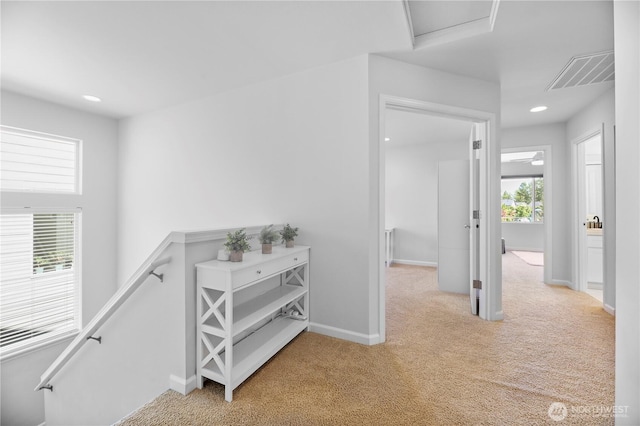 4508 29th Ave SE, Everett, WA 98203 - corridor featuring an upstairs landing, light colored carpet, recessed lighting, and attic access