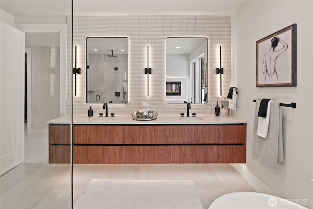 11888 SE 5th St, Bellevue, WA 98005 - full bath with a stall shower, double vanity, a freestanding tub, and tasteful backsplash