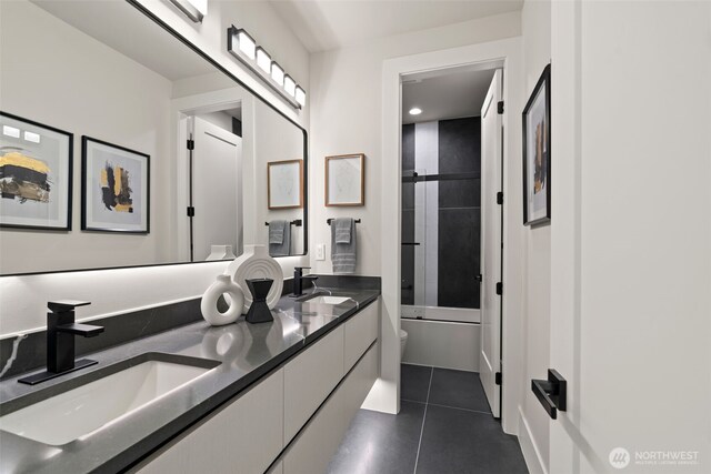 11888 SE 5th St, Bellevue, WA 98005 - full bathroom featuring double vanity, tile patterned floors, bath / shower combo with glass door, and recessed lighting