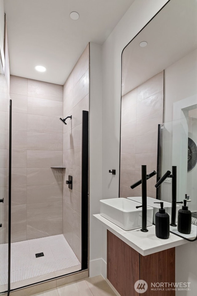11888 SE 5th St, Bellevue, WA 98005 - full bath with a stall shower, recessed lighting, and vanity