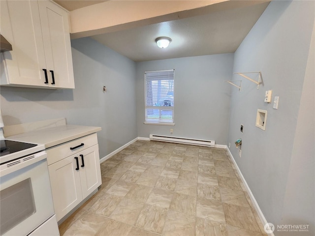 3624 159th Street Ct E, Tacoma, WA 98446 - kitchen featuring electric stove, baseboard heating, white cabinetry, and light countertops