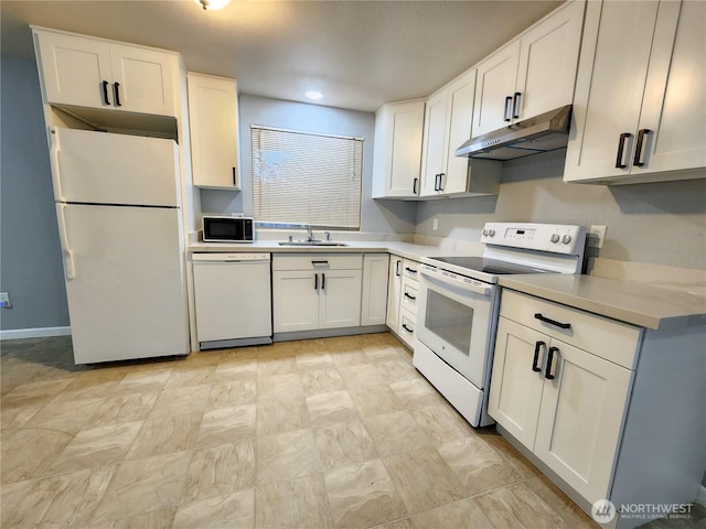 3624 159th Street Ct E, Tacoma, WA 98446 - kitchen with white appliances, under cabinet range hood, white cabinetry, and light countertops
