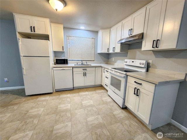 3624 159th Street Ct E, Tacoma, WA 98446 - kitchen featuring white appliances, under cabinet range hood, white cabinets, and light countertops