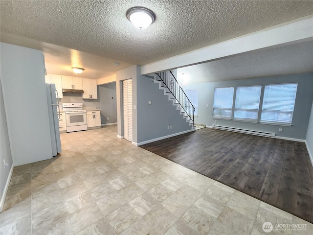3624 159th Street Ct E, Tacoma, WA 98446 - unfurnished living room with a baseboard radiator, stairs, and a textured ceiling