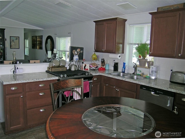 921 Autumn Ln Unit 254, Bellingham, WA 98229 - kitchen with stainless steel dishwasher, gas range, plenty of natural light, a peninsula, and vaulted ceiling