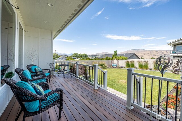 453 Spruce Ct NW, East Wenatchee, WA 98802 - wooden deck with a mountain view and a fenced backyard