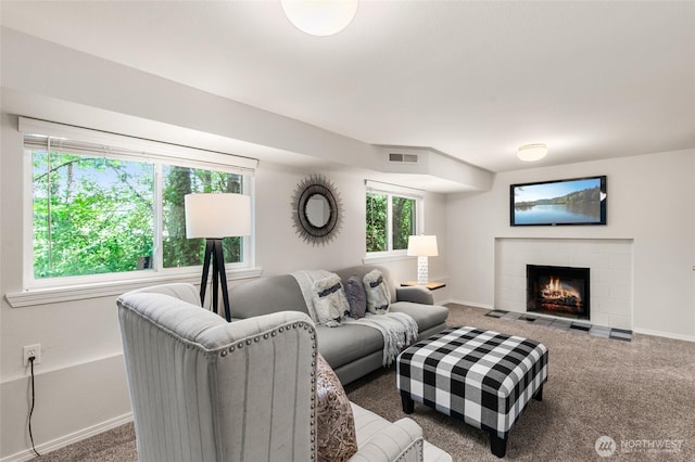 19508 23rd Ave NE, Shoreline, WA 98155 - living area featuring carpet flooring and a brick fireplace