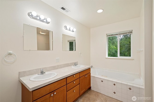 424 Wilson Ln, Sumas, WA 98295 - bathroom with double vanity, a bath, and tile patterned flooring