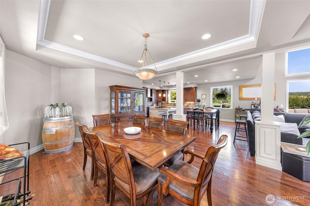 1301 Broad St, Bellingham, WA 98229 - dining area with a tray ceiling, wood-type flooring, recessed lighting, and ornamental molding