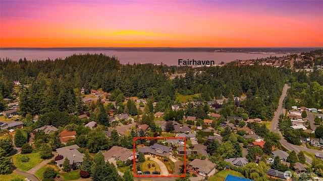 1301 Broad St, Bellingham, WA 98229 - aerial view at dusk of property boundaries highlighted, a water view, and a residential view