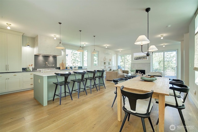9208 11th Ave NW, Seattle, WA 98117 - kitchen featuring light wood-style flooring, an island with sink, premium range hood, and a fireplace