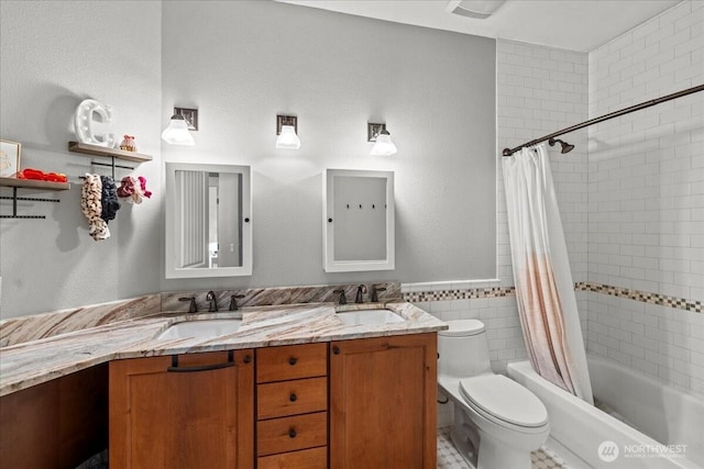 13228 202nd Ave SE, Issaquah, WA 98027 - bathroom with double vanity, shower / tub combo, and a wainscoted wall