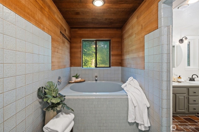 14855 Phelps Rd NE, Bainbridge Island, WA 98110 - full bathroom with wood ceiling, vanity, a bath, tile patterned floors, and wood walls