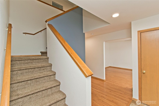 408 Cross Creek Ct, South Prairie, WA 98385 - stairway featuring wood finished floors and recessed lighting