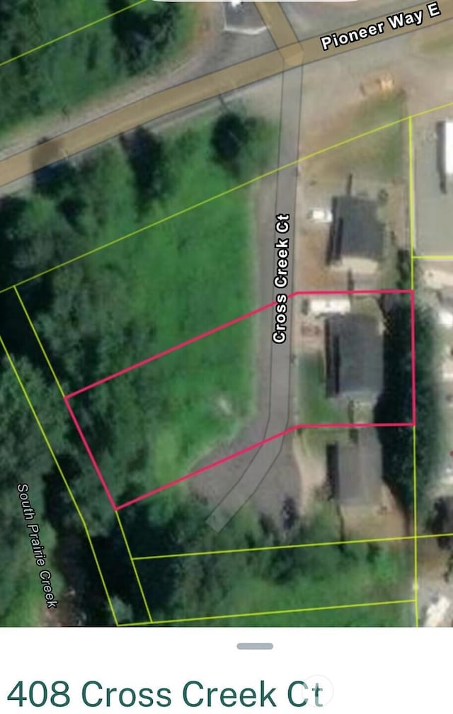 408 Cross Creek Ct, South Prairie, WA 98385 - aerial overview of property's location featuring property parcel outlined