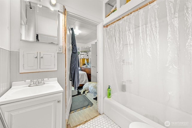1501 Lakeway Dr, Bellingham, WA 98225 - bathroom with ensuite bathroom, vanity, shower / bath combo with shower curtain, and tile patterned floors