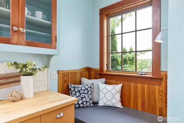832 Willow St, Port Townsend, WA 98368 - sitting room featuring a wainscoted wall, carpet floors, and wood walls