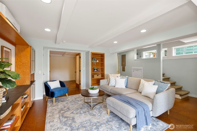 832 Willow St, Port Townsend, WA 98368 - living room with beamed ceiling, recessed lighting, stairway, and built in shelves