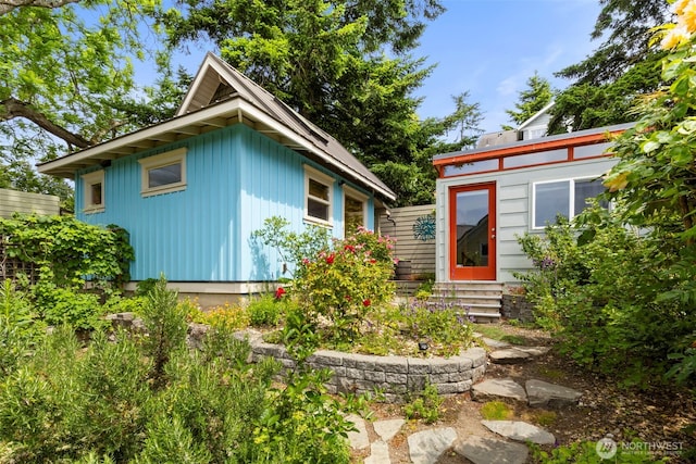 832 Willow St, Port Townsend, WA 98368 - back of property with entry steps and board and batten siding