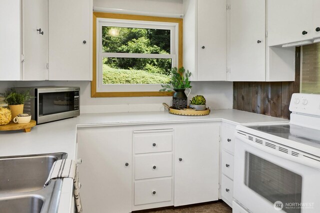 16071 Colony Rd, Bow, WA 98232 - kitchen featuring white range with electric cooktop, white cabinetry, and light countertops