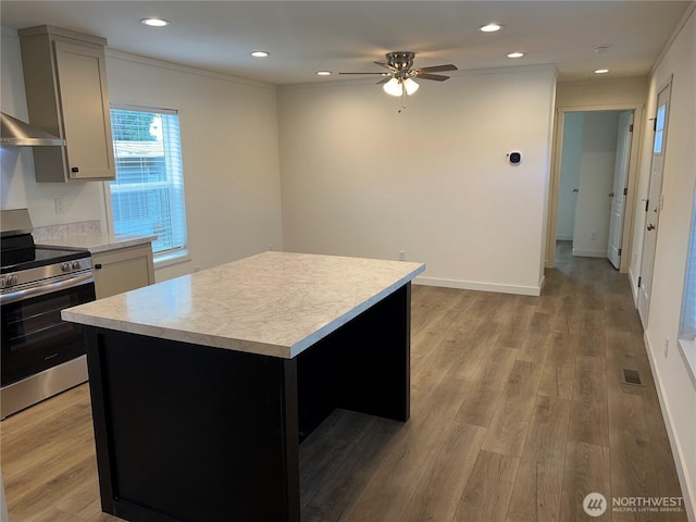 5711 112th Avenue Ct E Unit 30, Puyallup, WA 98372 - kitchen featuring stainless steel electric stove, crown molding, light countertops, a ceiling fan, and wall chimney exhaust hood
