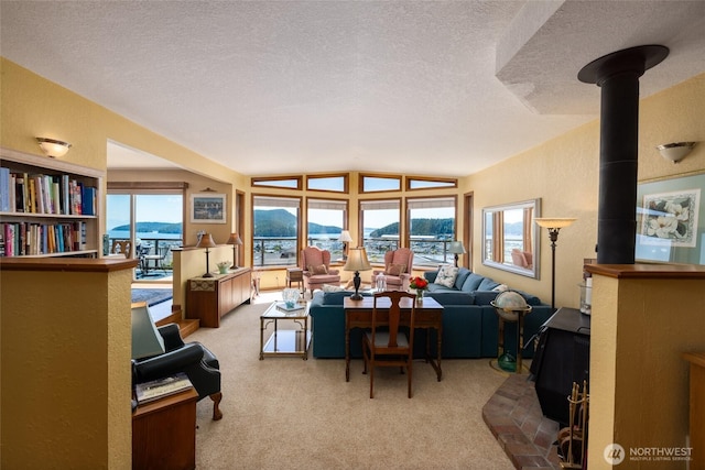 1807 Bradley Dr, Anacortes, WA 98221 - living area featuring a wood stove, a textured ceiling, carpet, and vaulted ceiling