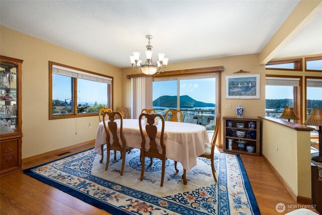 1807 Bradley Dr, Anacortes, WA 98221 - dining space with a chandelier, plenty of natural light, wood finished floors, and a mountain view