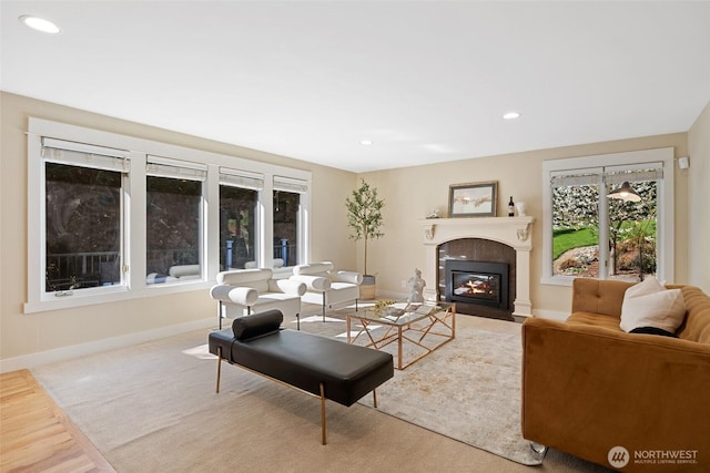 413 213th Pl SE, Sammamish, WA 98074 - living area featuring a fireplace with flush hearth, wood finished floors, and recessed lighting