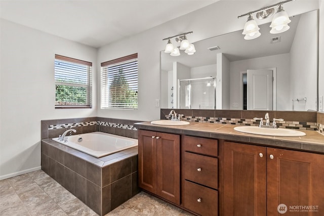 21552 SE 275th Ct, Maple Valley, WA 98038 - full bath with double vanity, a shower stall, a bath, backsplash, and tile patterned floors