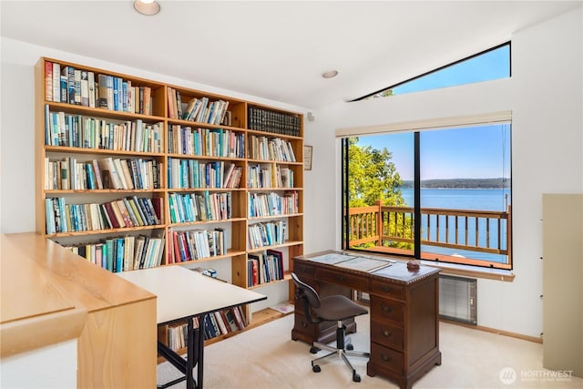160 Wildwood Shrs, Brinnon, WA 98320 - office with vaulted ceiling, carpet, recessed lighting, and a water view
