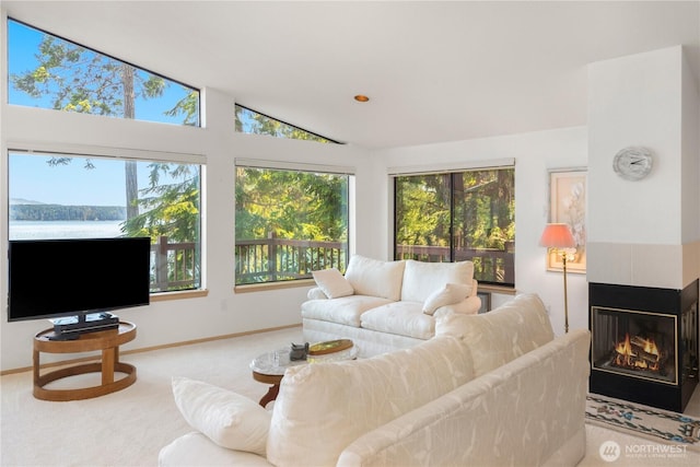 160 Wildwood Shrs, Brinnon, WA 98320 - living room featuring carpet, a multi sided fireplace, and lofted ceiling