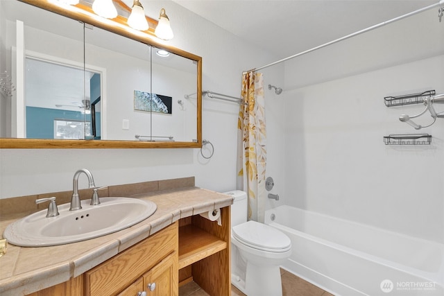 4617 Grandview Dr W Unit D, Tacoma, WA 98466 - bathroom featuring vanity, shower / tub combo with curtain, tile patterned flooring, and ceiling fan