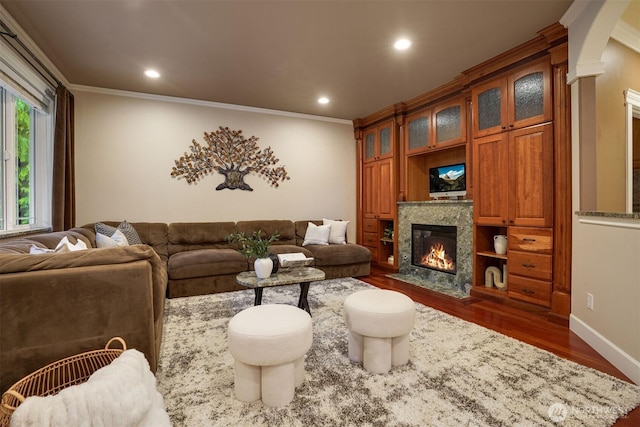 24702 64th Ave E, Graham, WA 98338 - living area with dark wood finished floors, a premium fireplace, ornamental molding, and recessed lighting