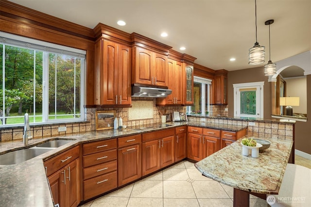 24702 64th Ave E, Graham, WA 98338 - kitchen featuring under cabinet range hood, a peninsula, black electric cooktop, decorative backsplash, and pendant lighting