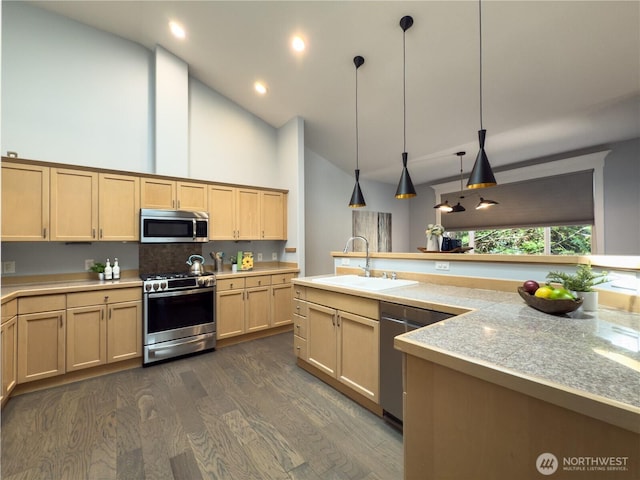 4196 248th Ct SE Unit 62, Sammamish, WA 98029 - kitchen featuring stainless steel appliances, light countertops, dark wood finished floors, high vaulted ceiling, and light brown cabinetry