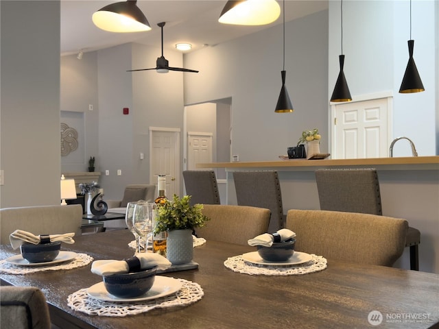 4196 248th Ct SE Unit 62, Sammamish, WA 98029 - dining area with high vaulted ceiling and a ceiling fan