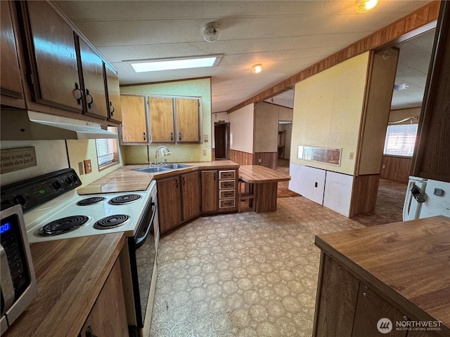 31600 126th Ave SE Unit 100, Auburn, WA 98092 - kitchen featuring range with electric stovetop, under cabinet range hood, stainless steel microwave, vaulted ceiling, and light floors